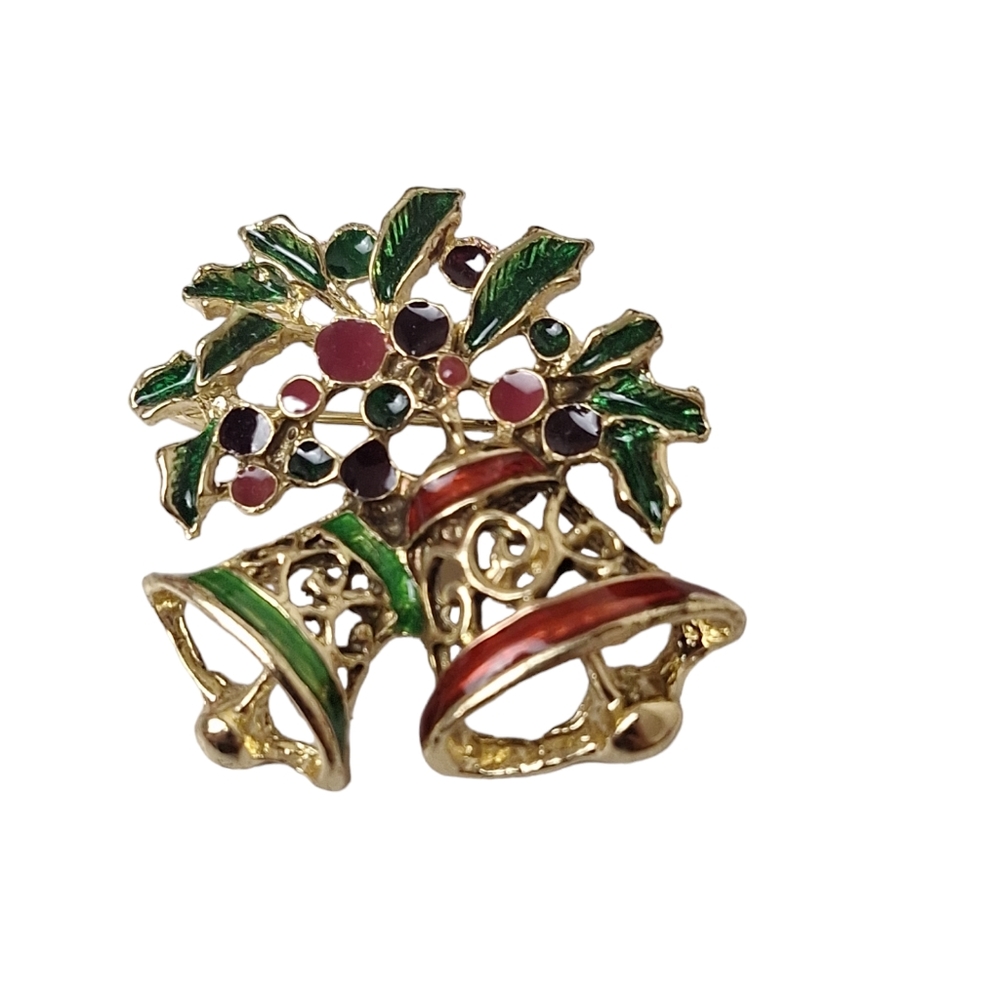 Vtg Christopher Radko Gold Tone Christmas Multicolor Enamel Bells Saints Brooch